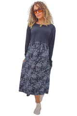 Two Tone Floral Print Baggy Long Style Cotton Dress