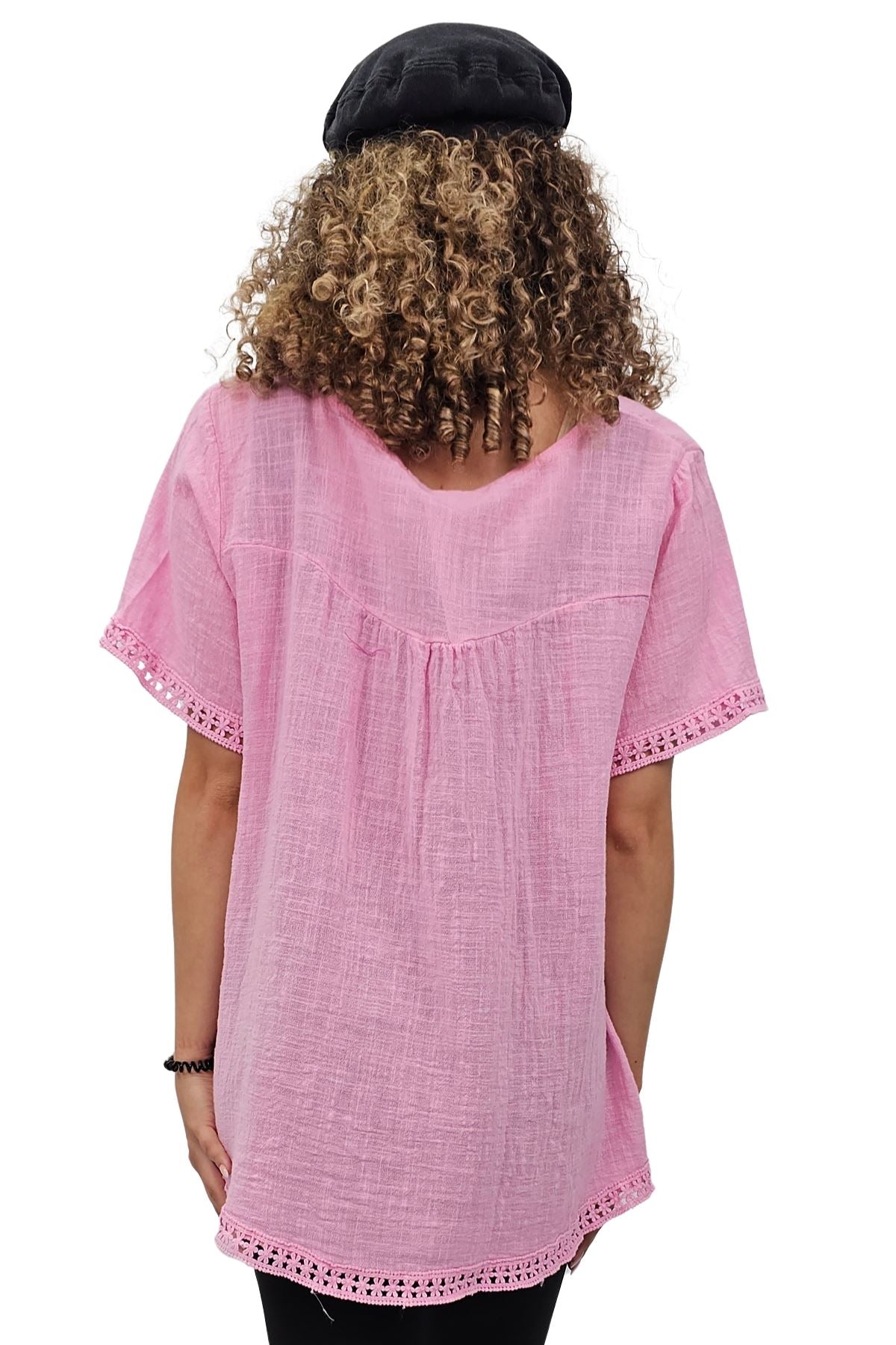 Plain Lace Hem Necklace Cotton Top