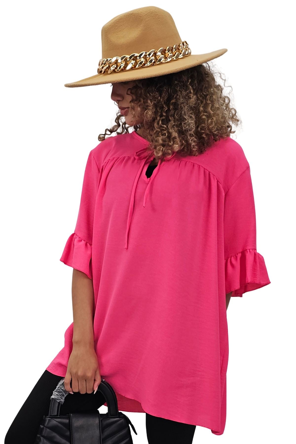 Plain Tie Neck Ruffle Sleeve Top