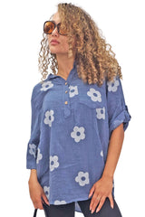 Floral Print Single Chest Pocket Cotton Top