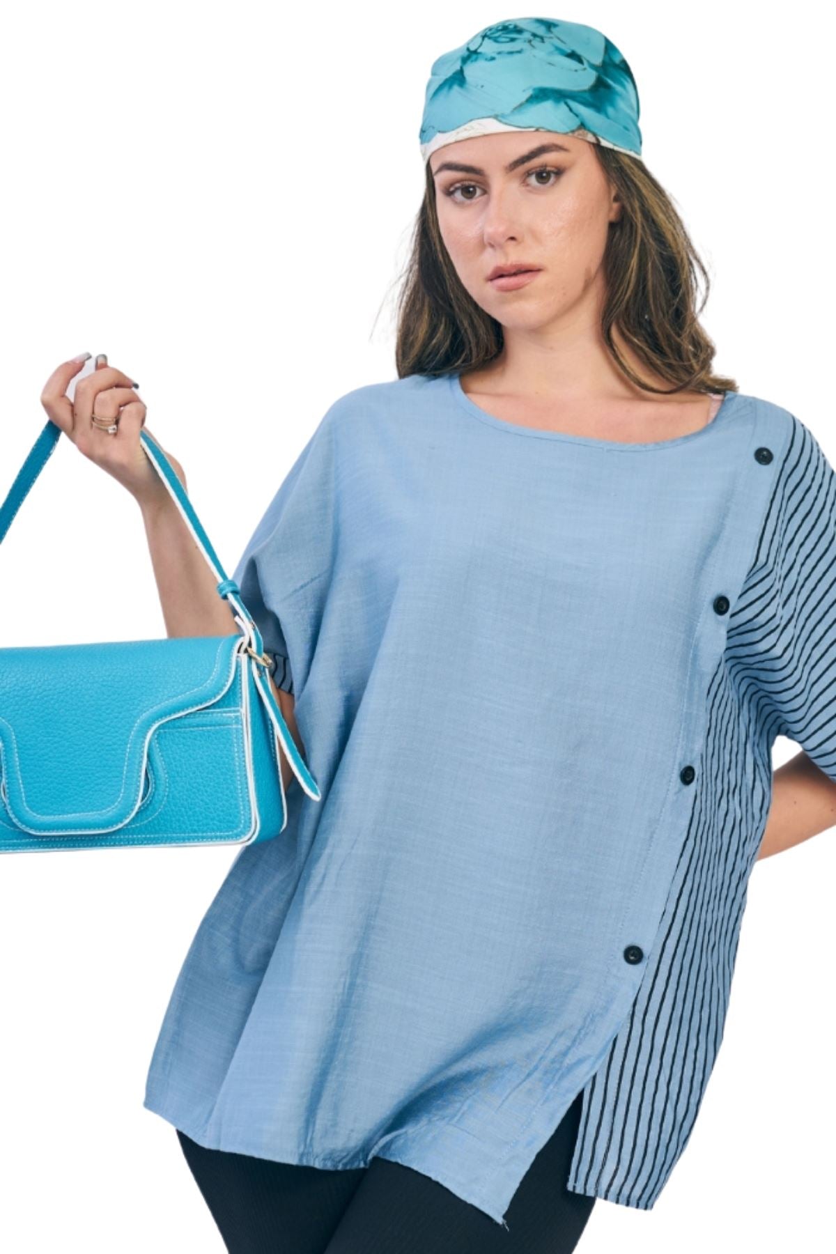 Stripe Print Side Button Detail Cotton Top