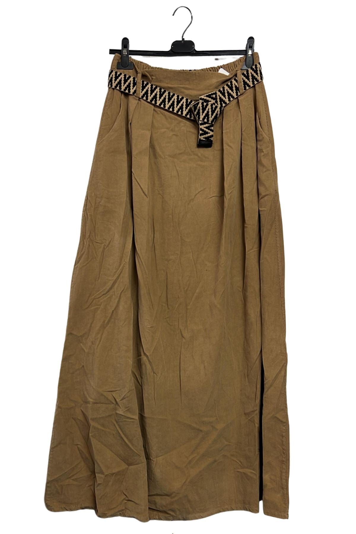 Plain Two Side Pockets Belted Cotton Skirt