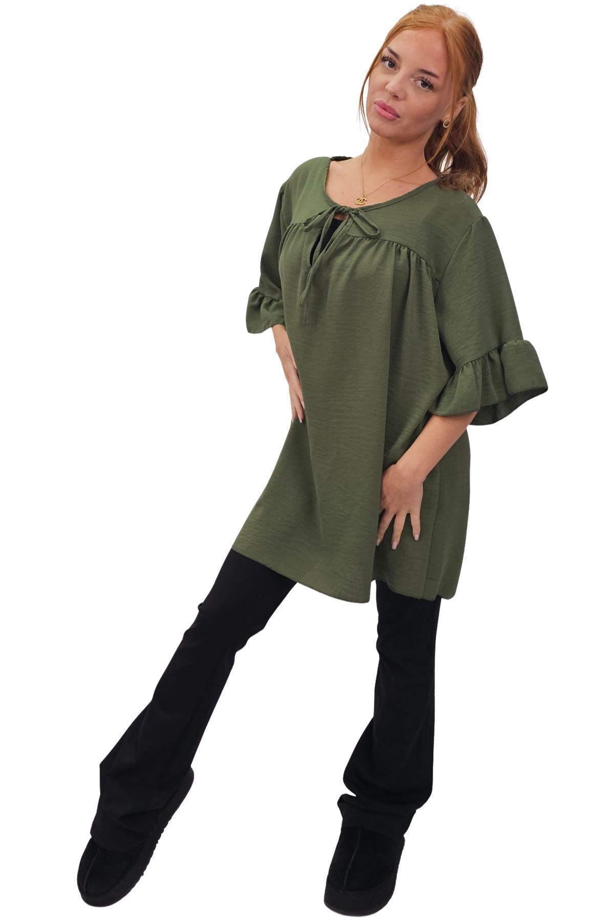 Plain Tie Neck Ruffle Sleeve Top