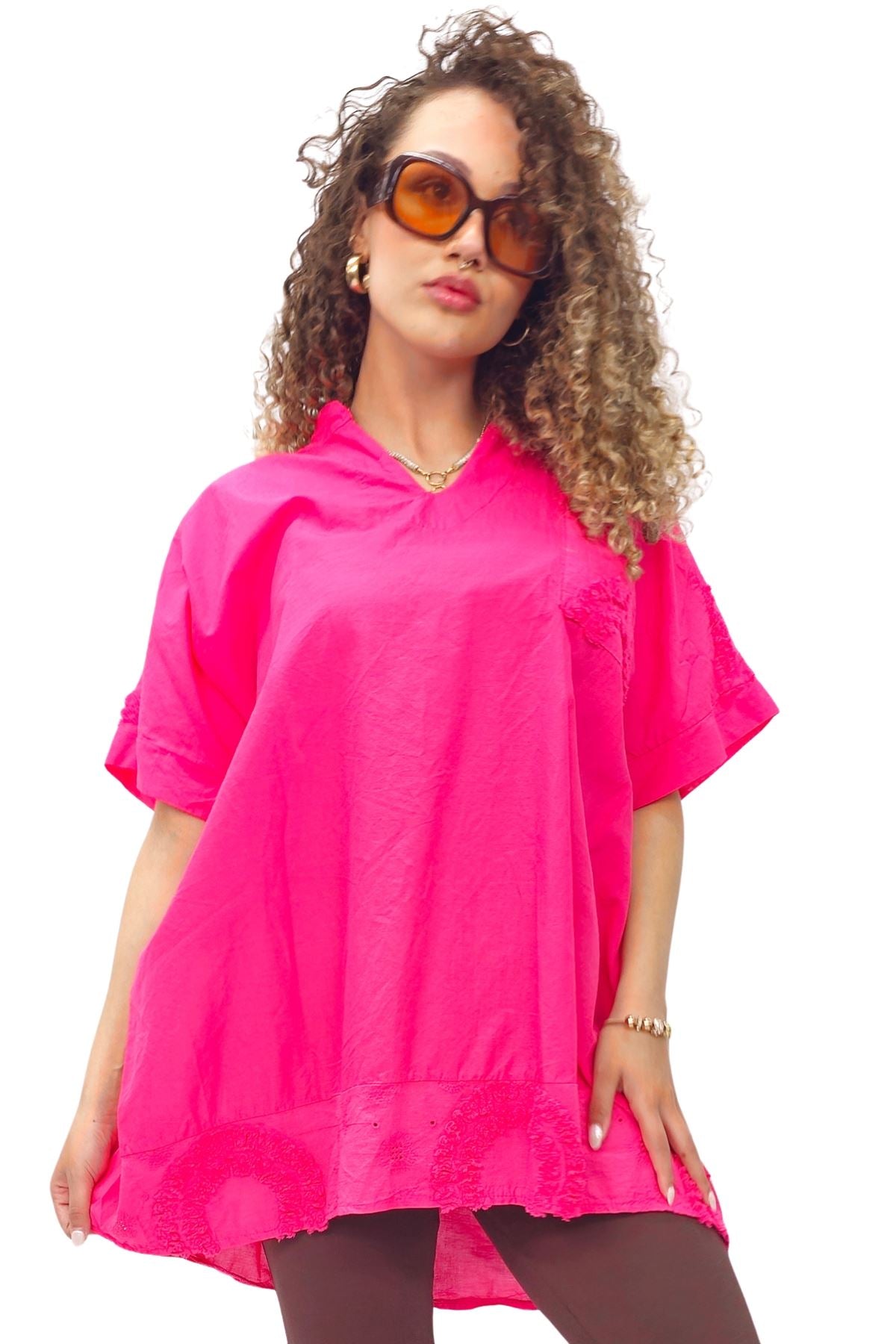 Plain Chest Pocket Lace Embroidered Detailing Cotton Top