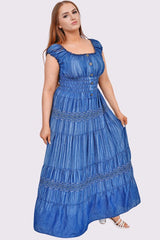Aztec Pattern Shirred Waist Tiered Button Denim Cotton Dress
