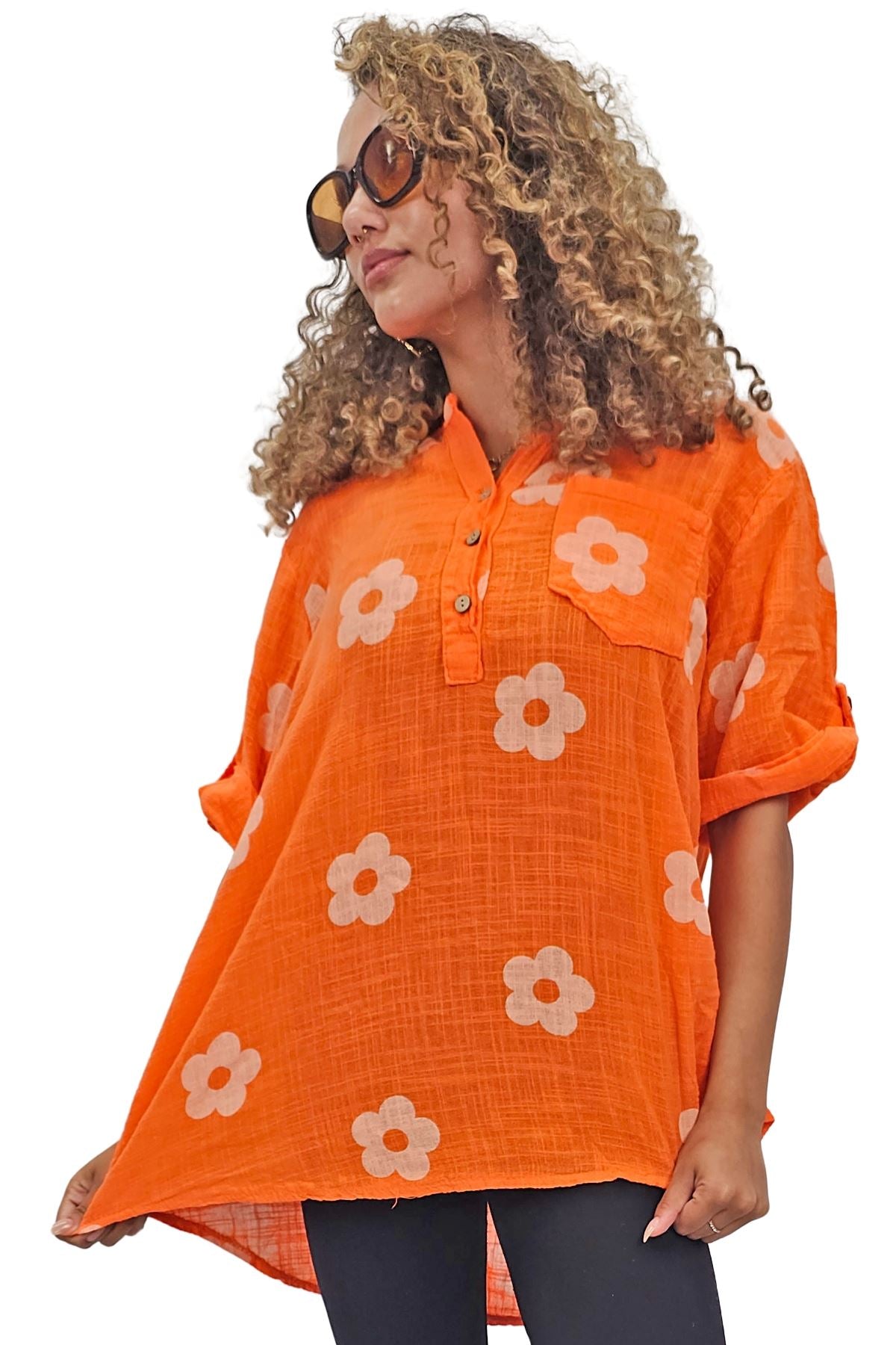 Floral Print Single Chest Pocket Cotton Top