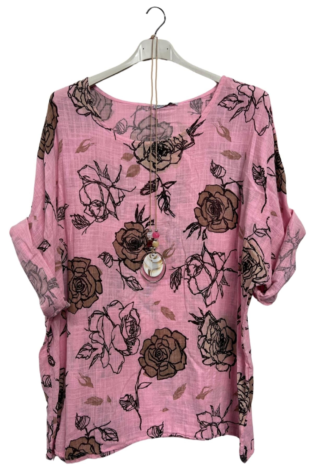 Rose Flower Print Oversized Necklace Tunic Cotton Top