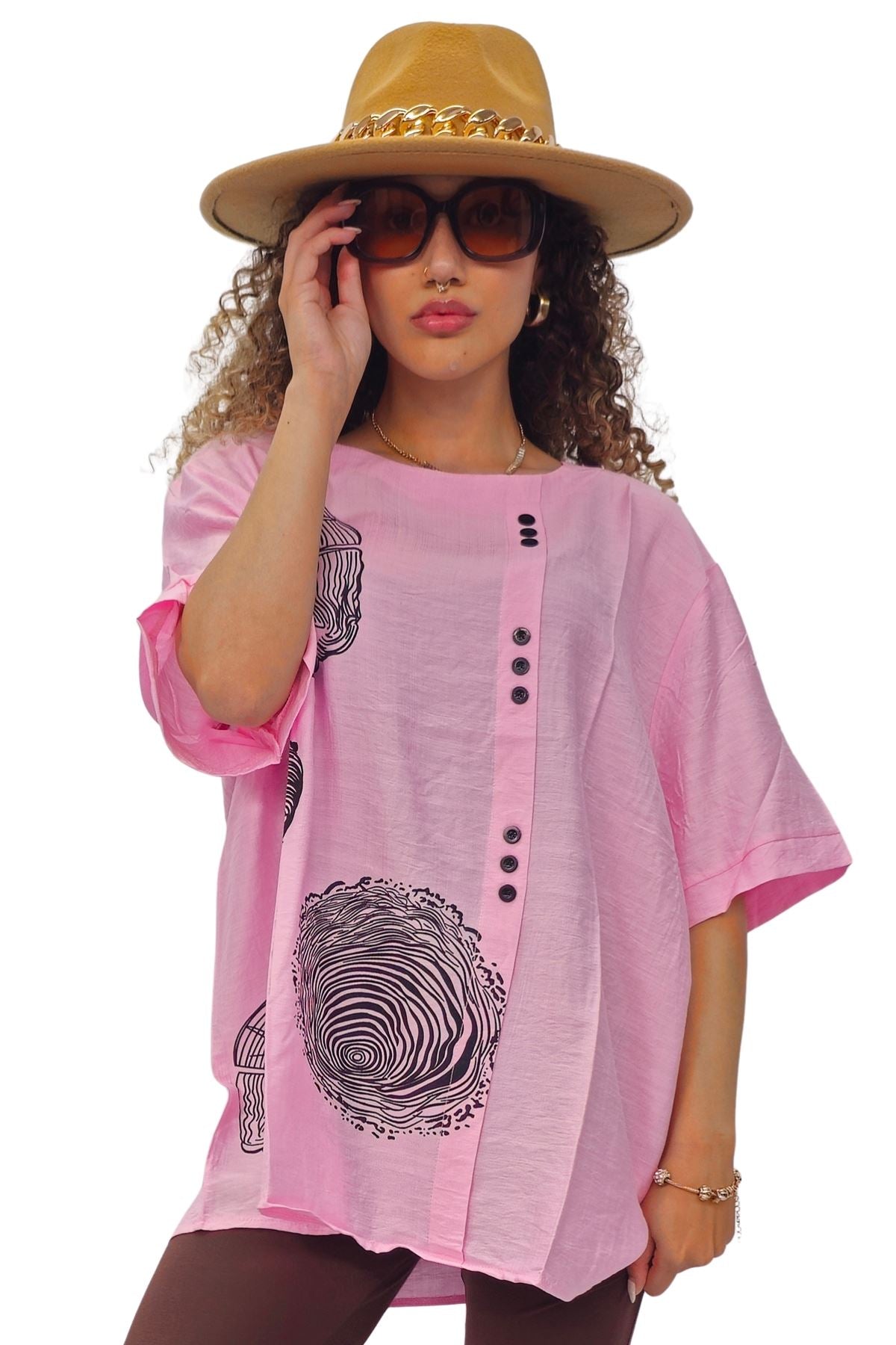 Tree Ring Print Front Button Detail Cotton Top