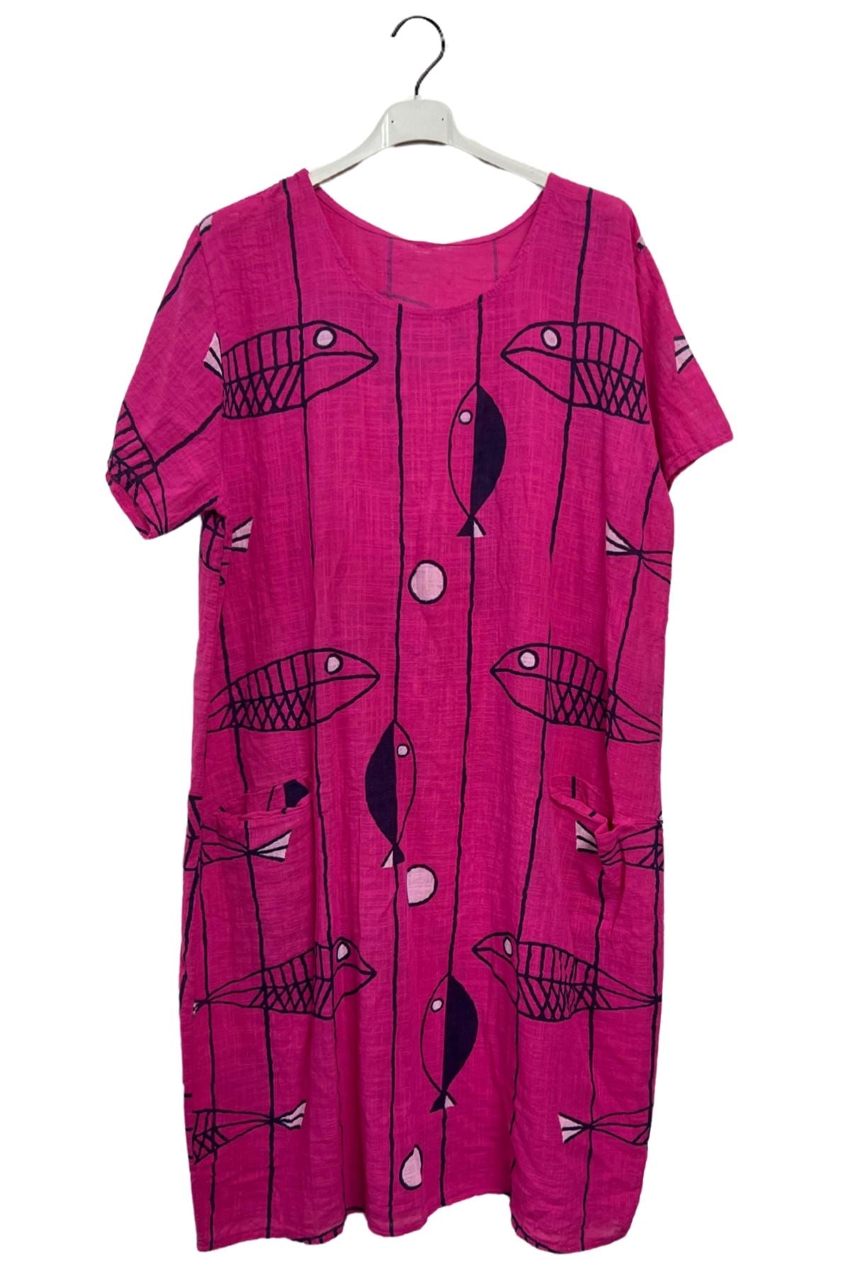 Fish Stripe Print Front Two Pockets Cotton Dress
