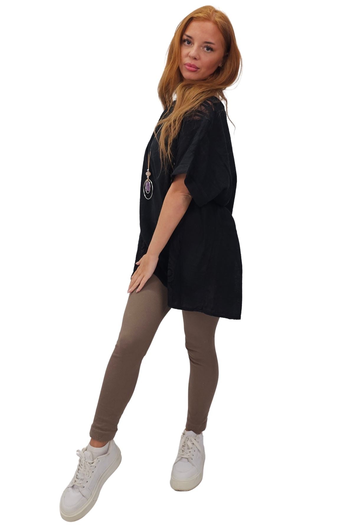 Plain Textured Side Panel Necklace Cotton Top