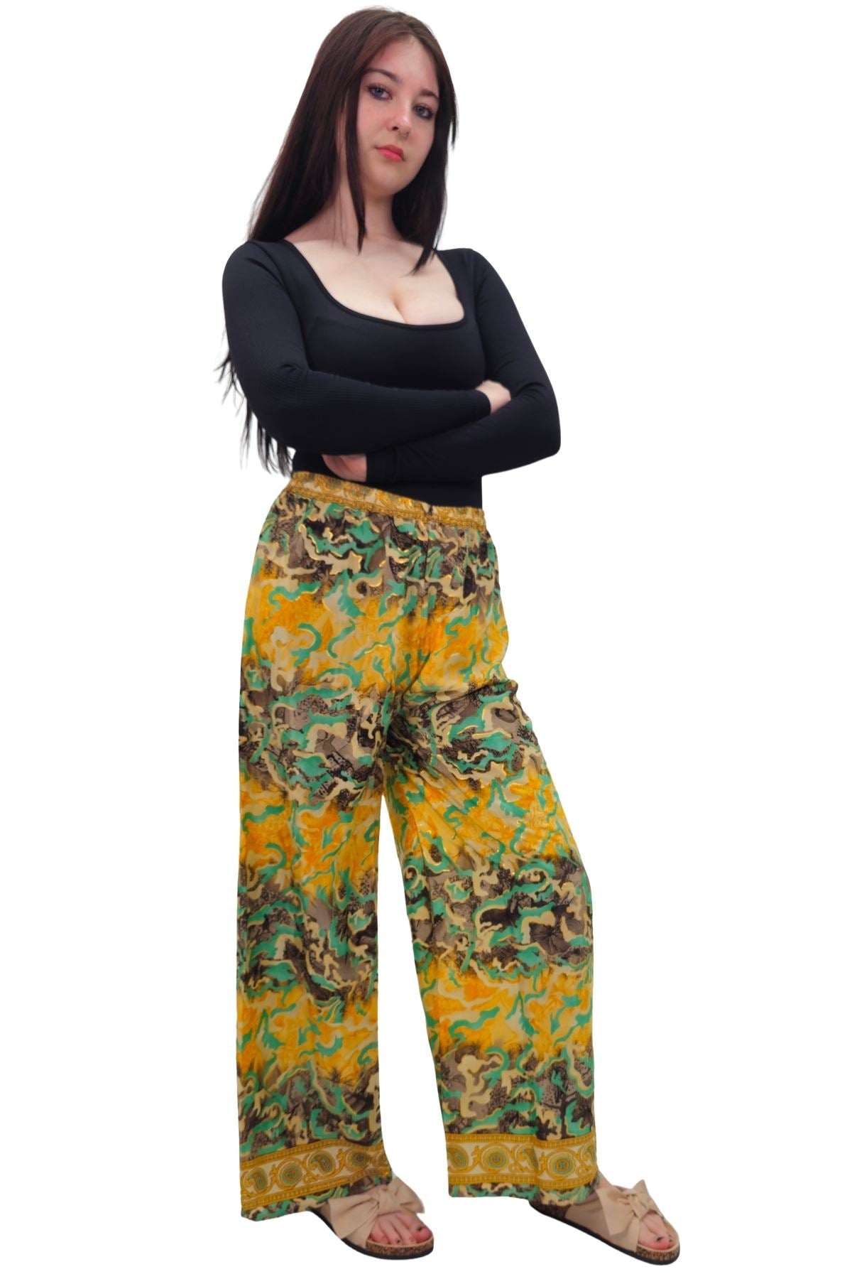 Tie Dye Tropical Leaf Print Wide Leg Trousers