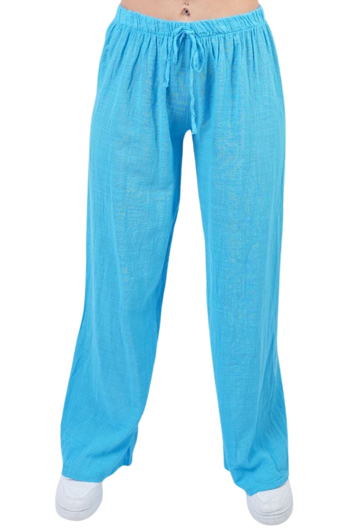 Plain Drawstring Wide Legs Cotton Trousers