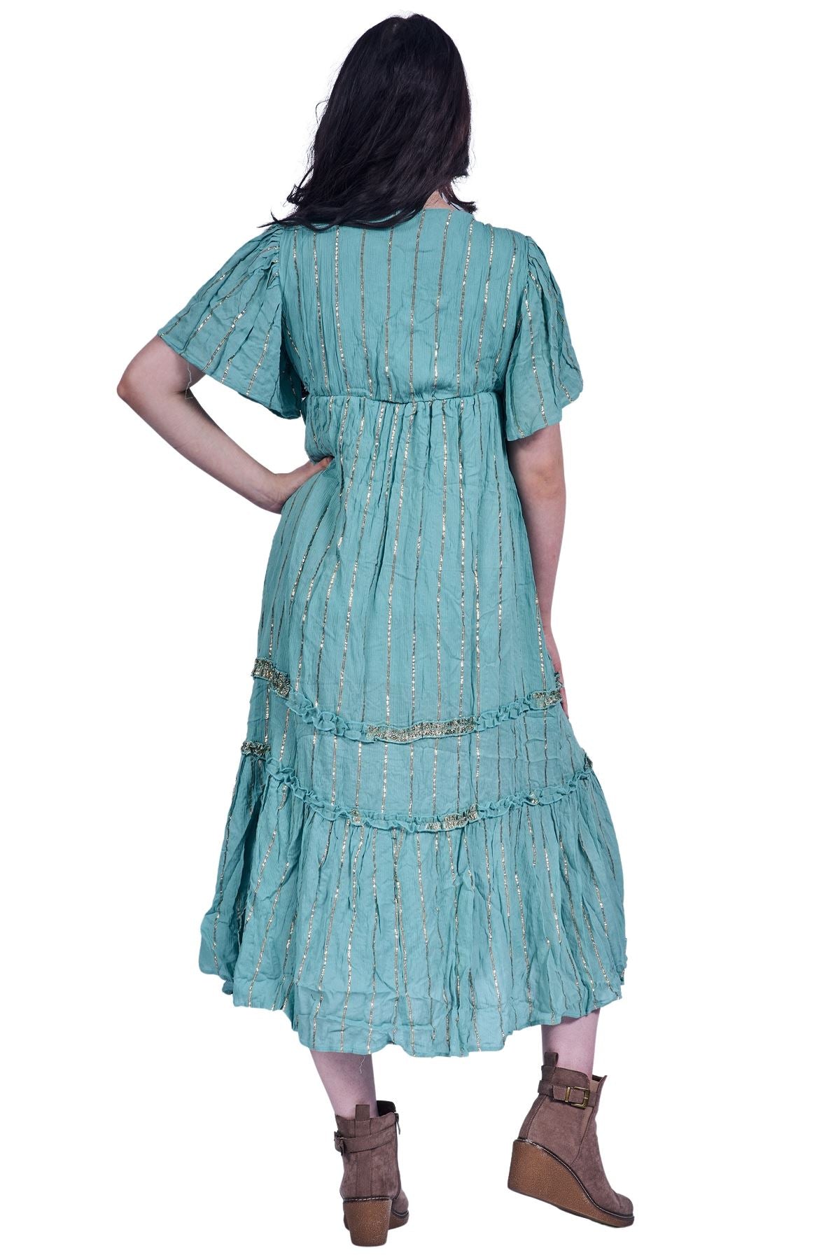 Vertical Metallic Stripe Detailing Pattern Bohemian Chic Dress