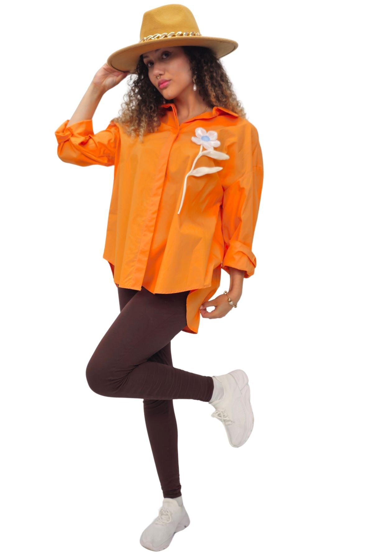 Flower Applique Pattern High Low Hem Shirt