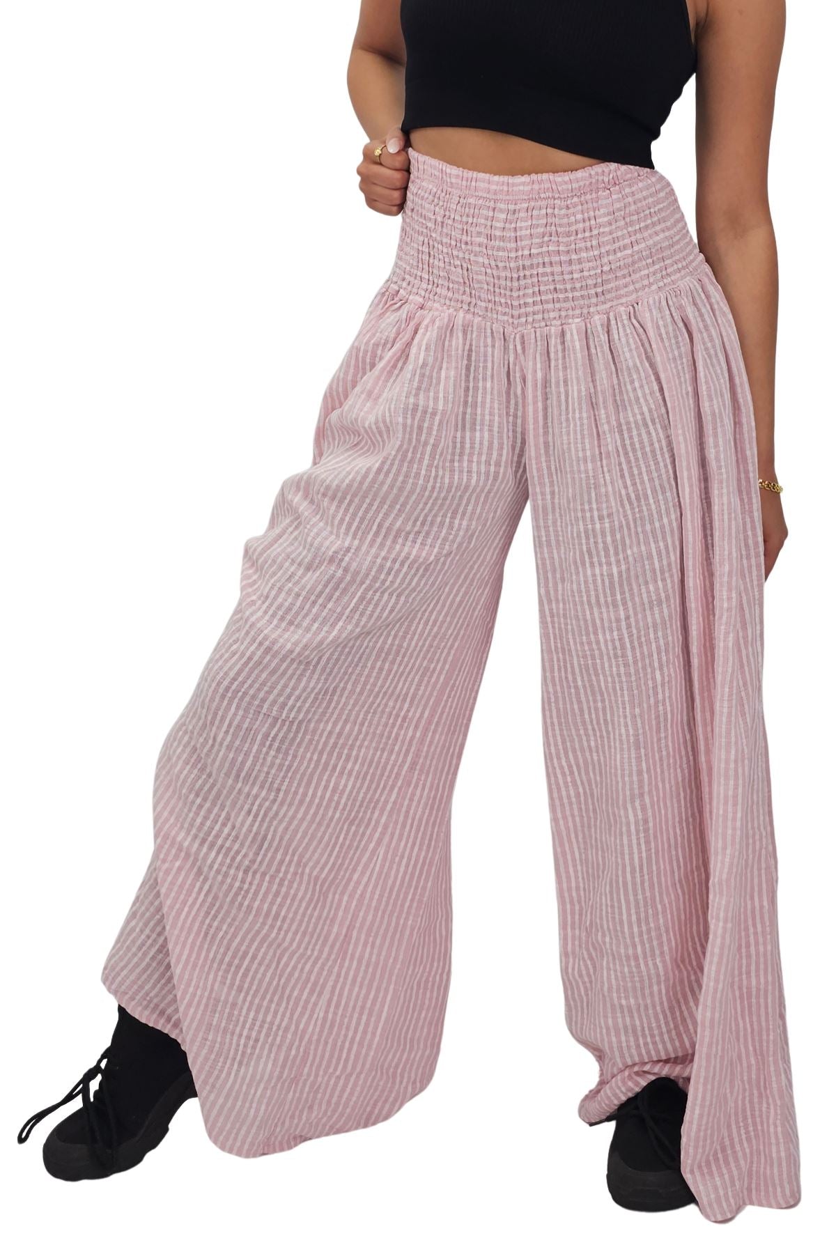 Vertical Stripes Print Smocked Waistband Wide Leg Cotton Palazzo