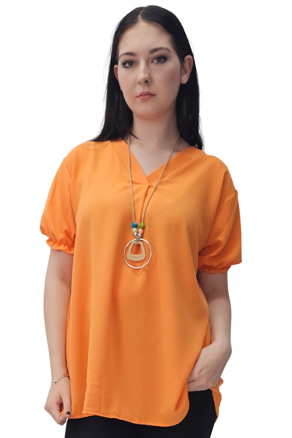 Plain Short Puff Sleeves Necklace Top