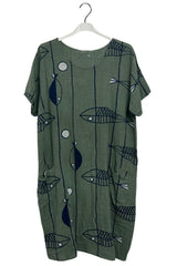 Fish Stripe Print Front Two Pockets Cotton Dress