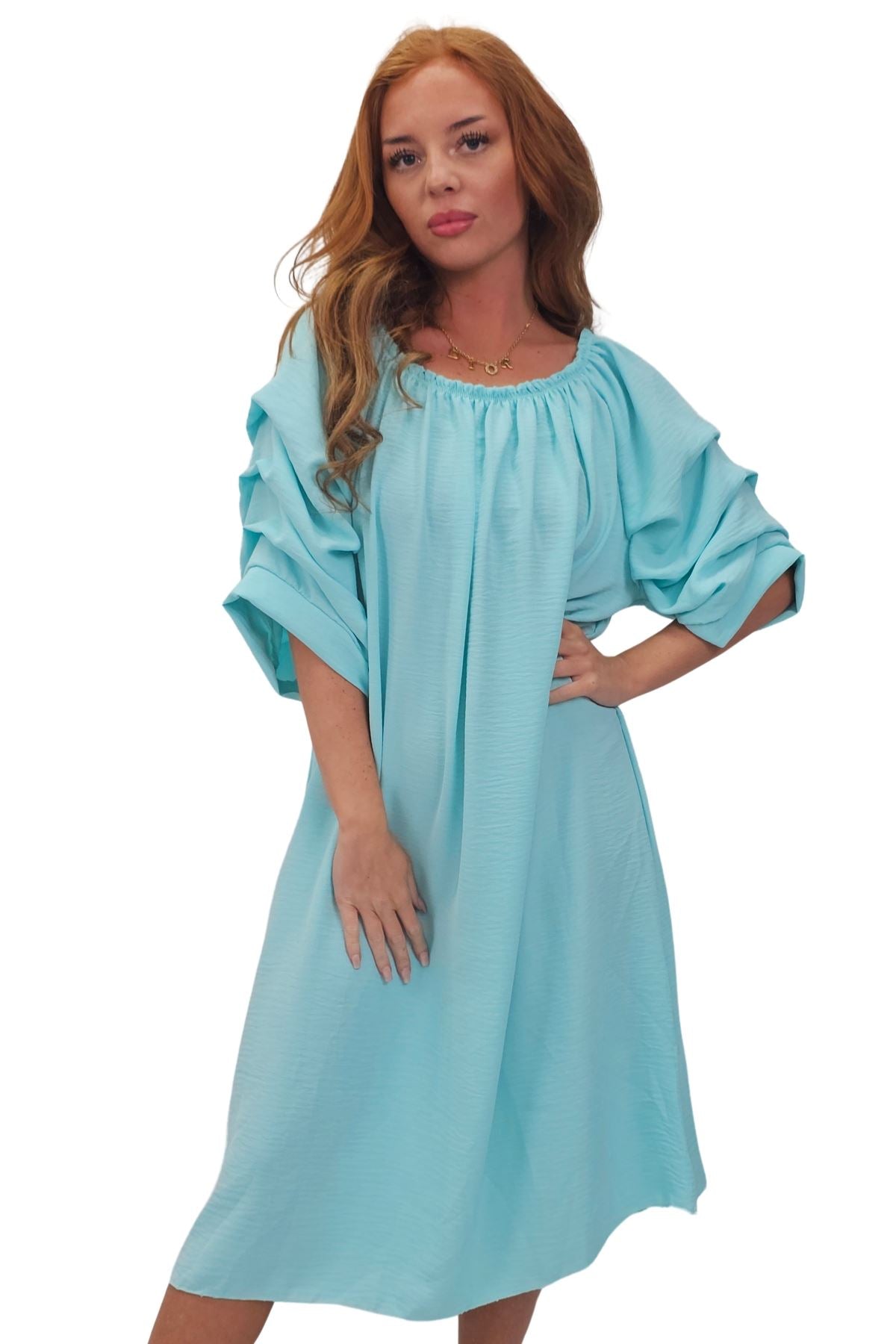 Plain Puff Sleeves Layered Detail Dress