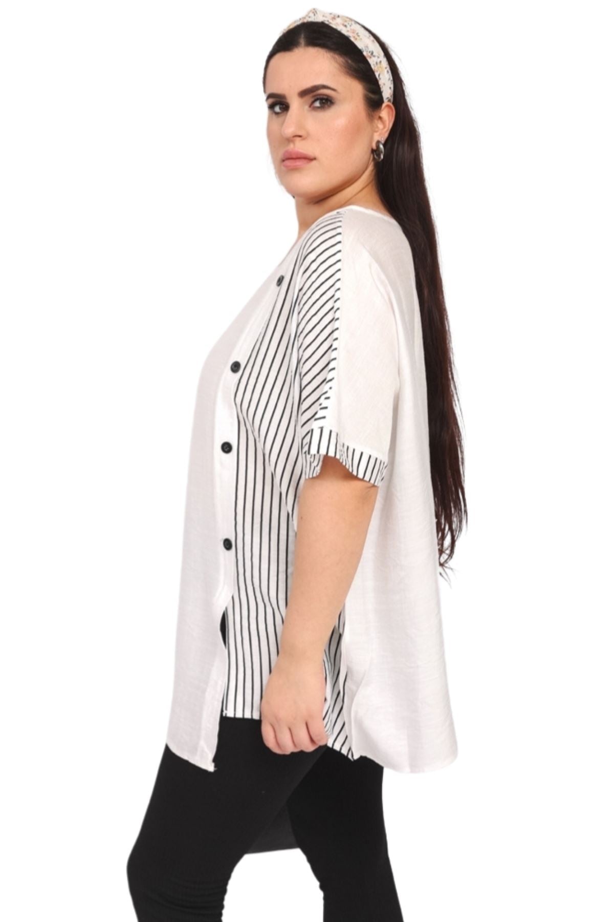 Stripe Print Side Button Detail Cotton Top