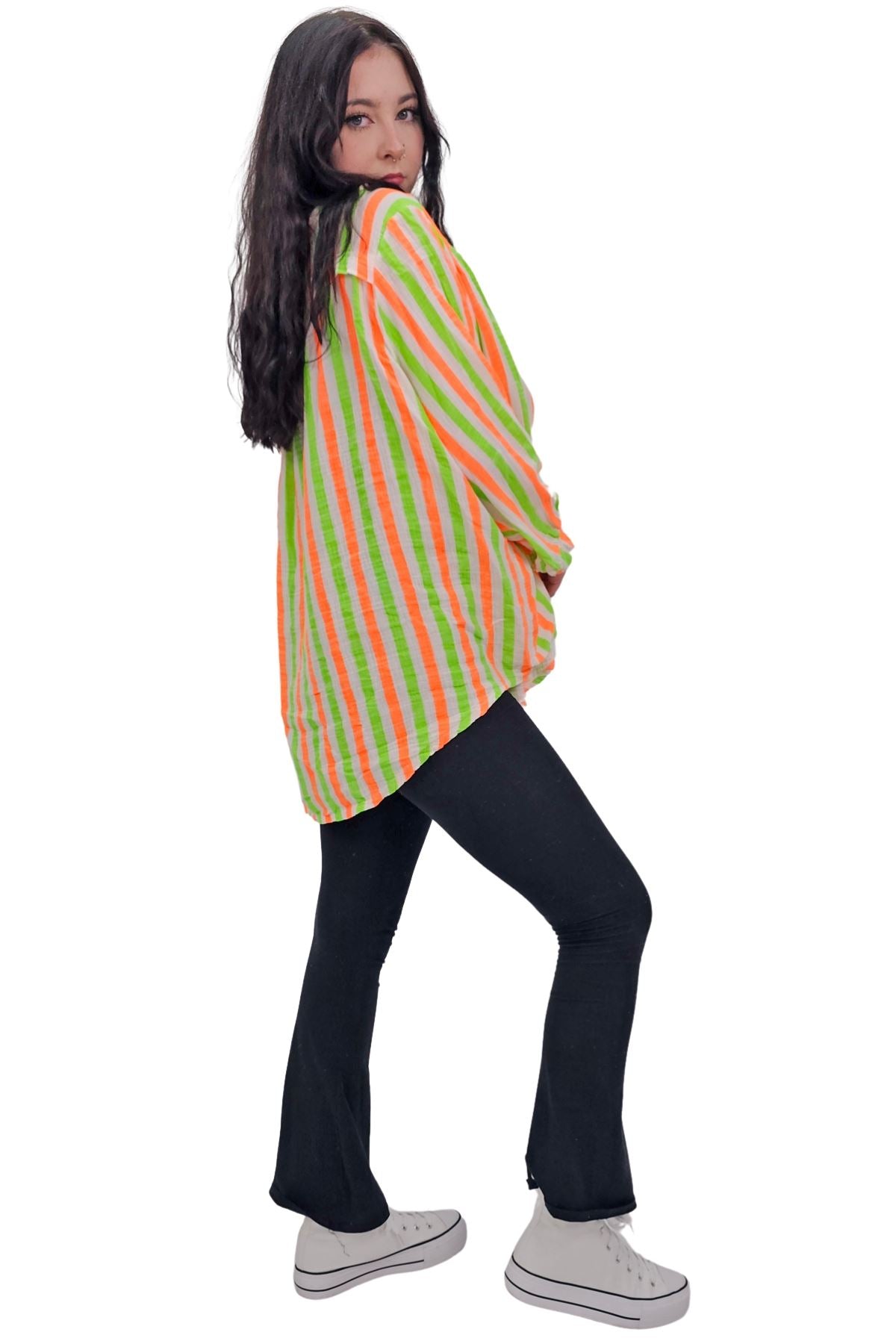 Vertical Stripes In Alternating Shades Button-Down Cotton Shirt