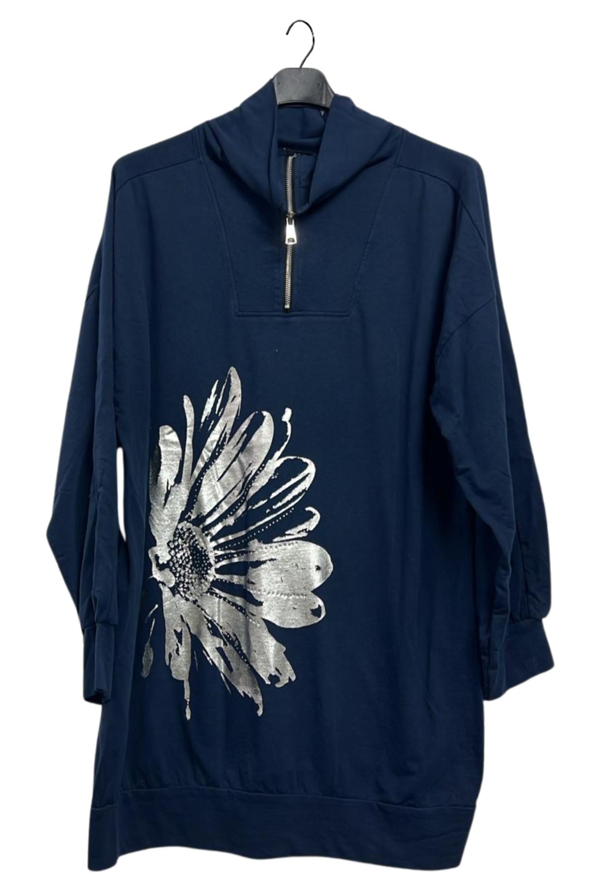 Metallic Foil Flower Pattern Front Zip Cuffed Hem Cotton Top