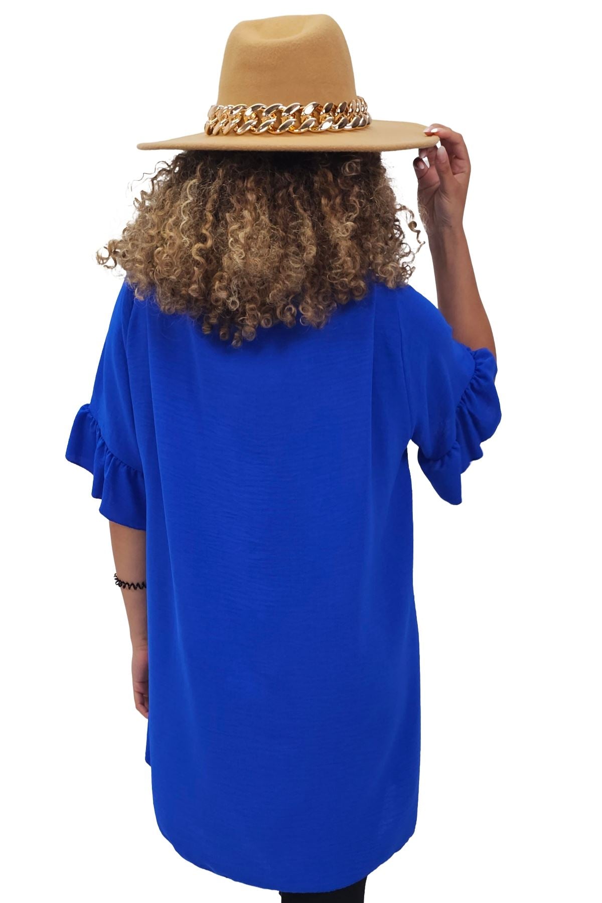 Plain Tie Neck Ruffle Sleeve Top