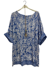 Floral Print Necklace Cotton Tunic Top