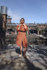 Vertical Pinstripes Print Two Chest Patch Pockets Cotton Dress