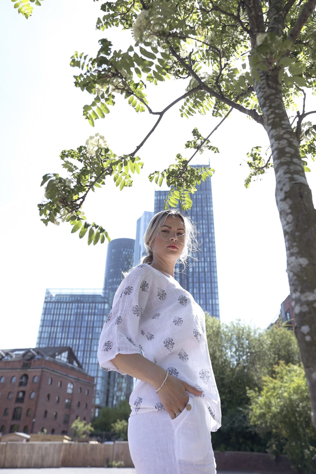 Block Print-Style Motifs Tunic Silhouette Cotton Top