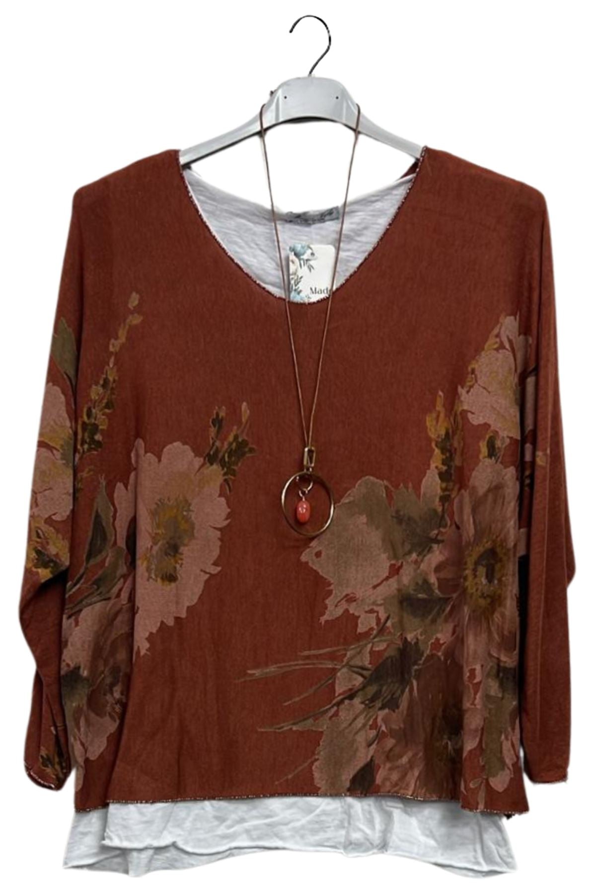 Floral Print Layered Hem Necklce Cotton Top