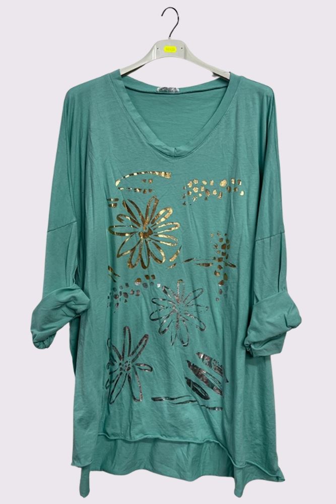 Flower Leopard Foil Print Dip Hem Cotton Top