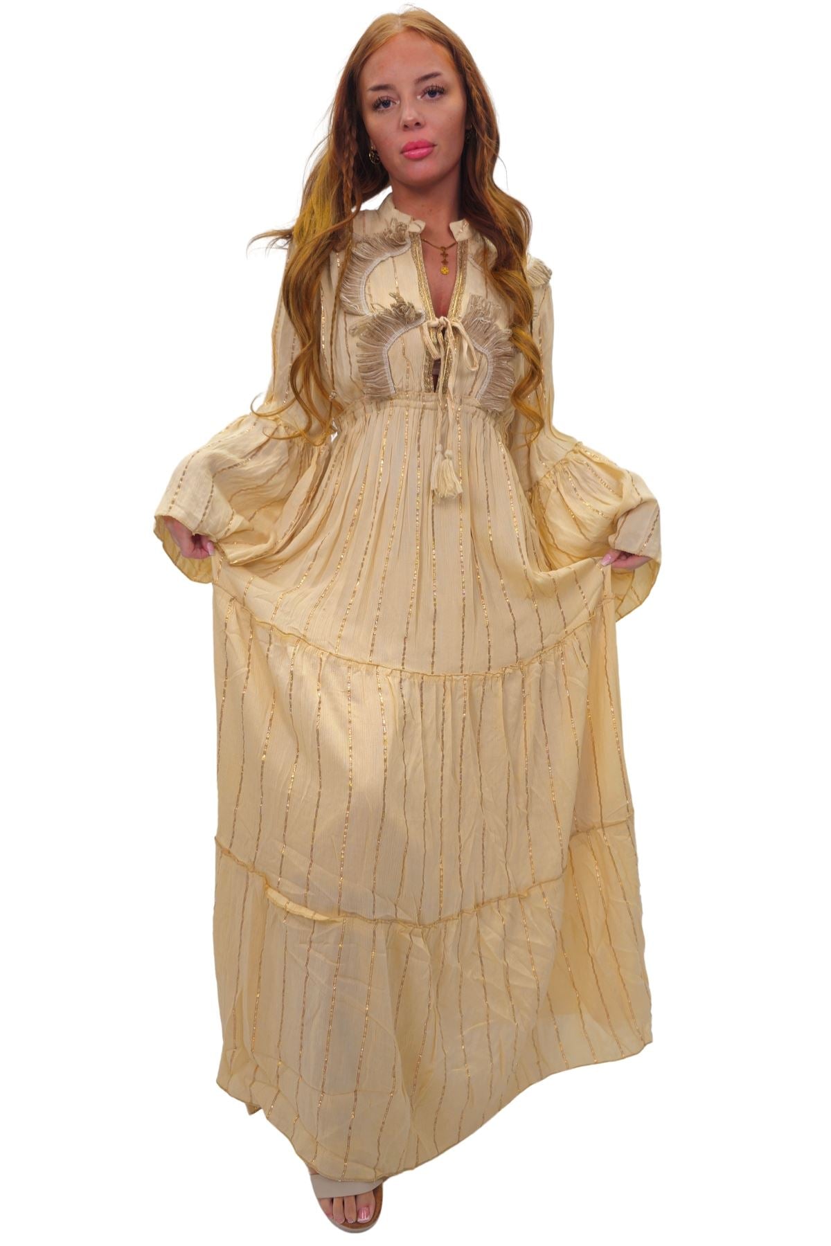 Gold Stripe Cord Design Neck Dress