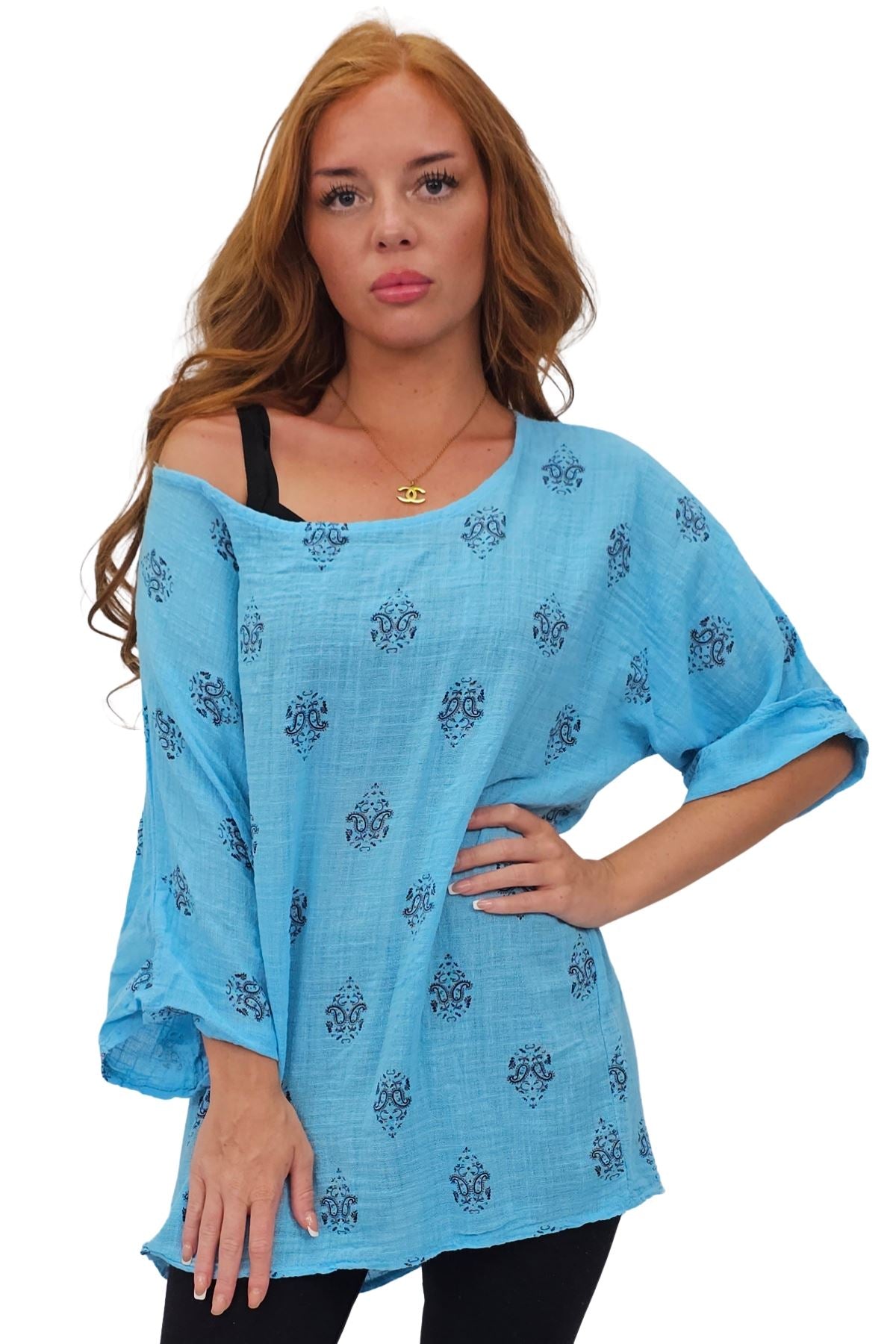 Block Print-Style Motifs Tunic Silhouette Cotton Top