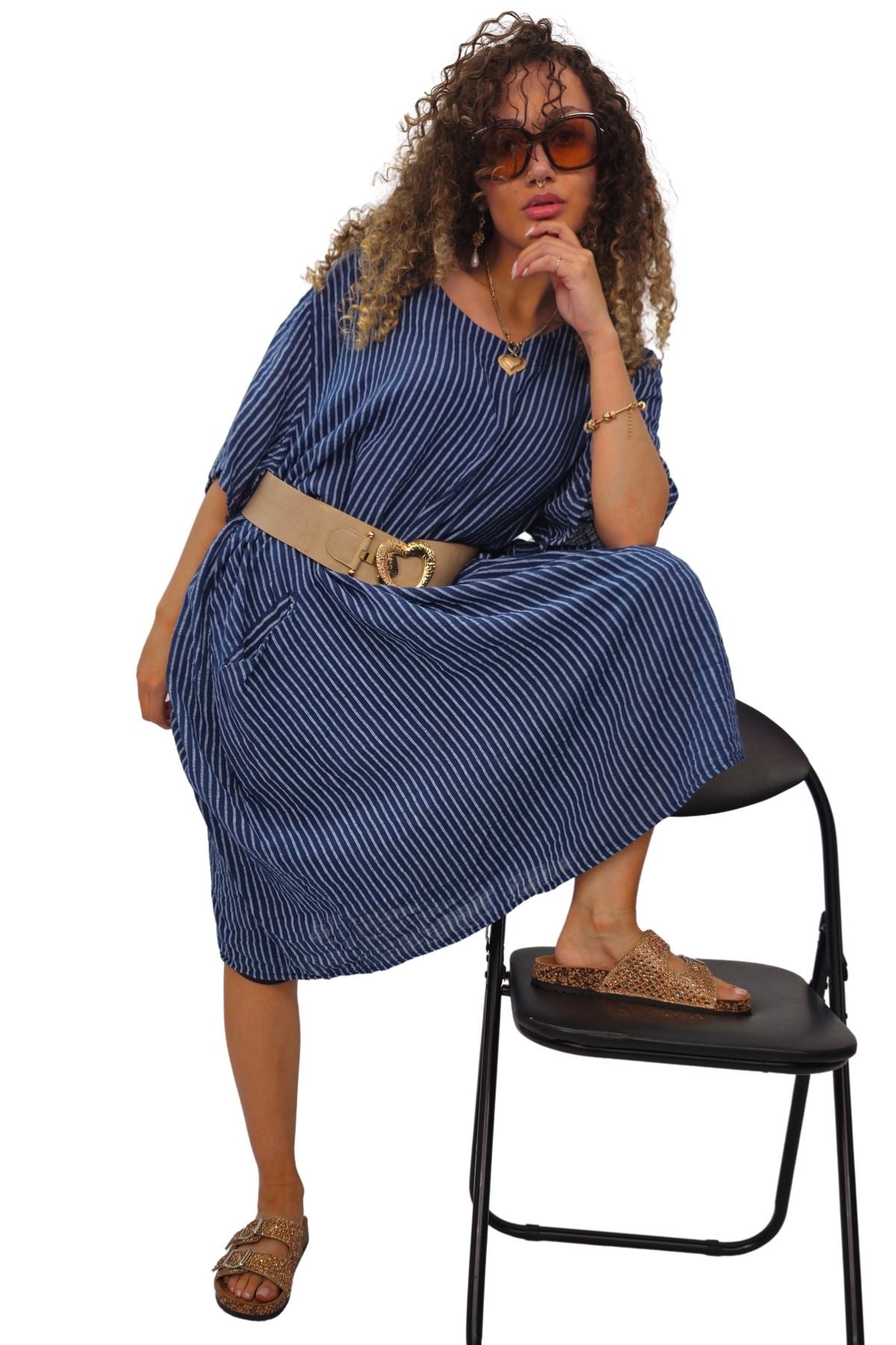 Vertical Stripes Print Two Side Pockets Cotton Dress