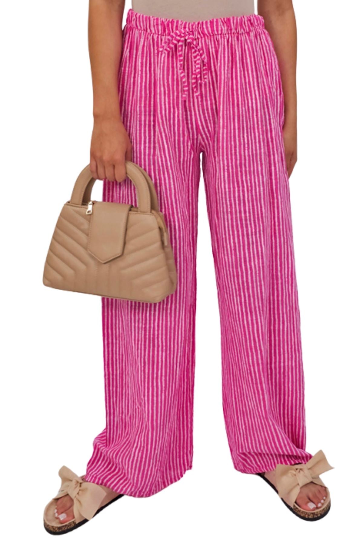 Stripe Print Elasticated Waistband Wide Leg Cotton Trousers