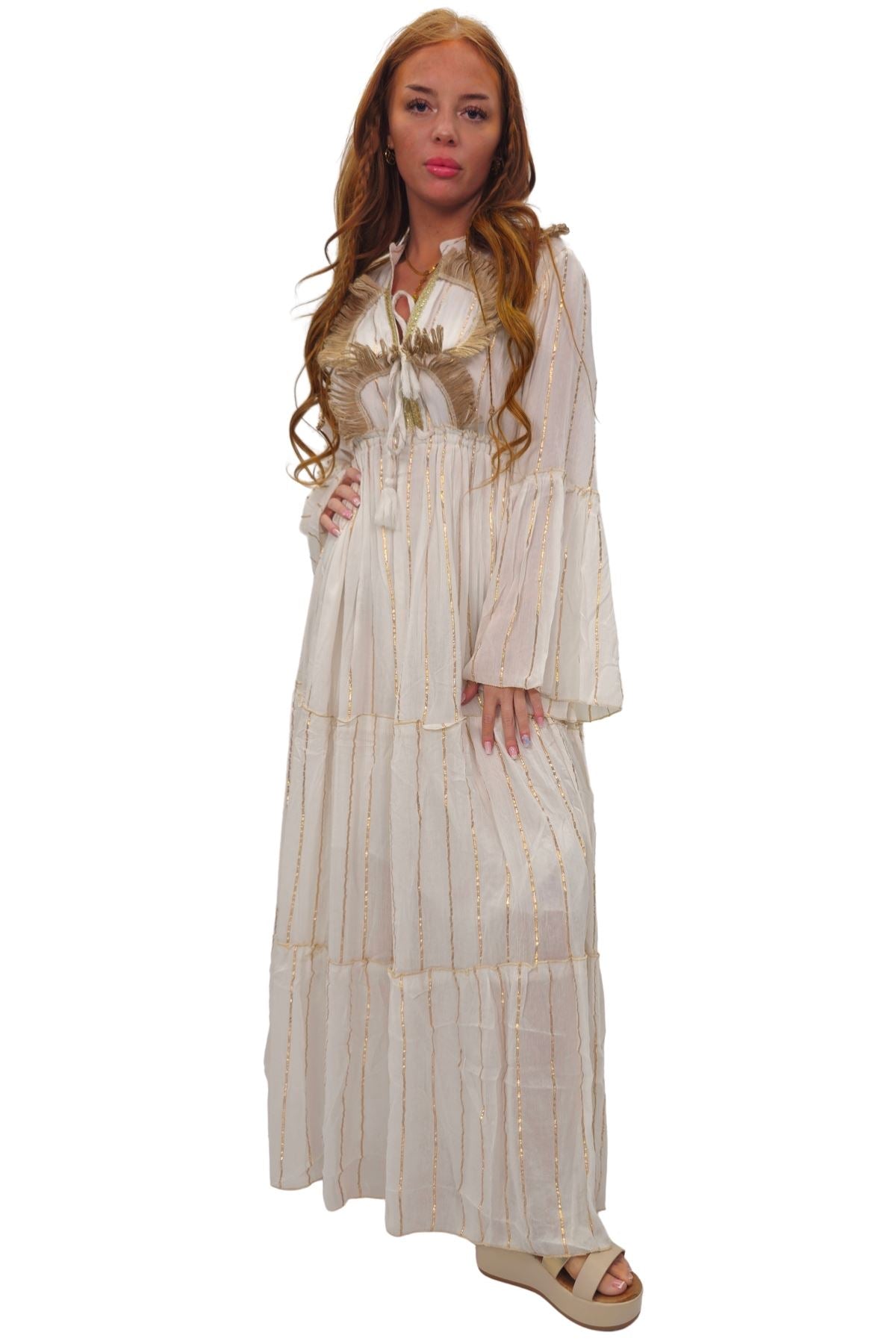 Gold Stripe Cord Design Neck Dress