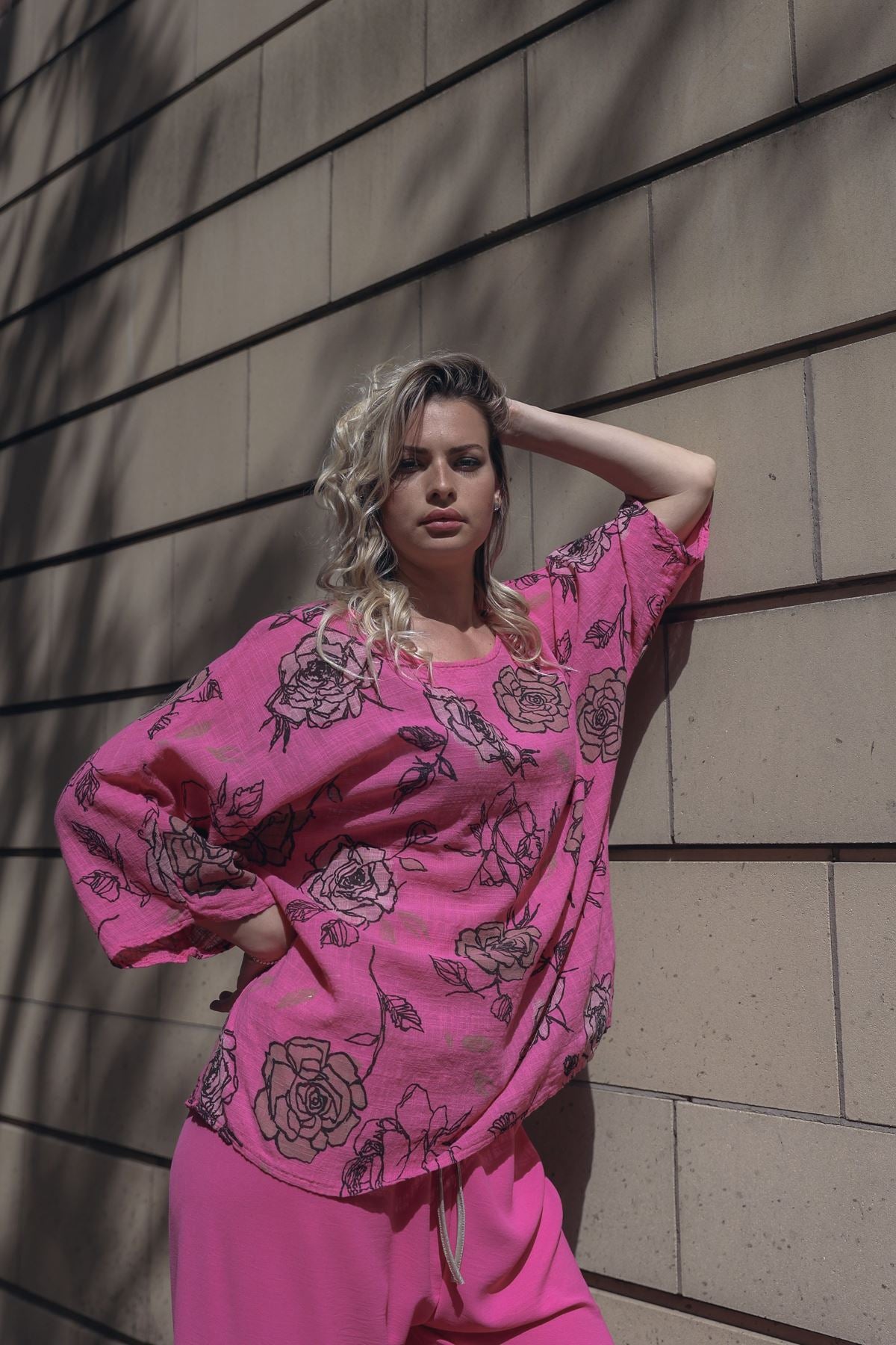 Rose Flower Print Oversized Necklace Tunic Cotton Top