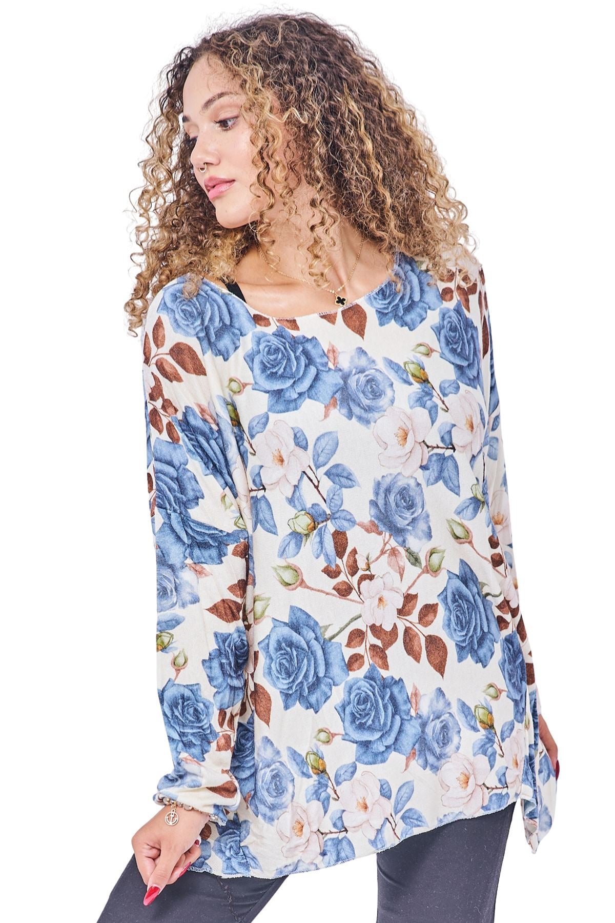 Rose Flower Print Soft Knit Top