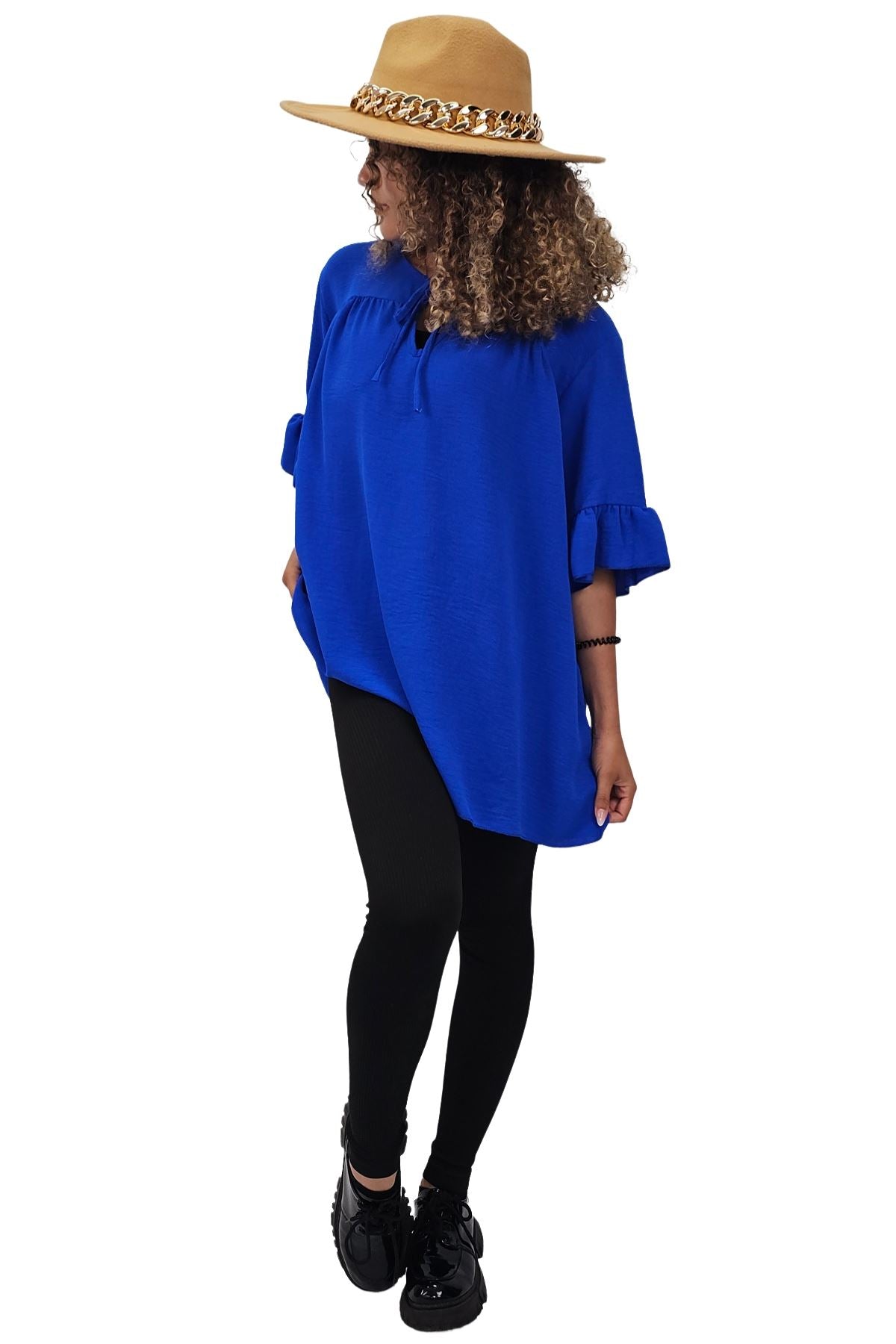 Plain Tie Neck Ruffle Sleeve Top
