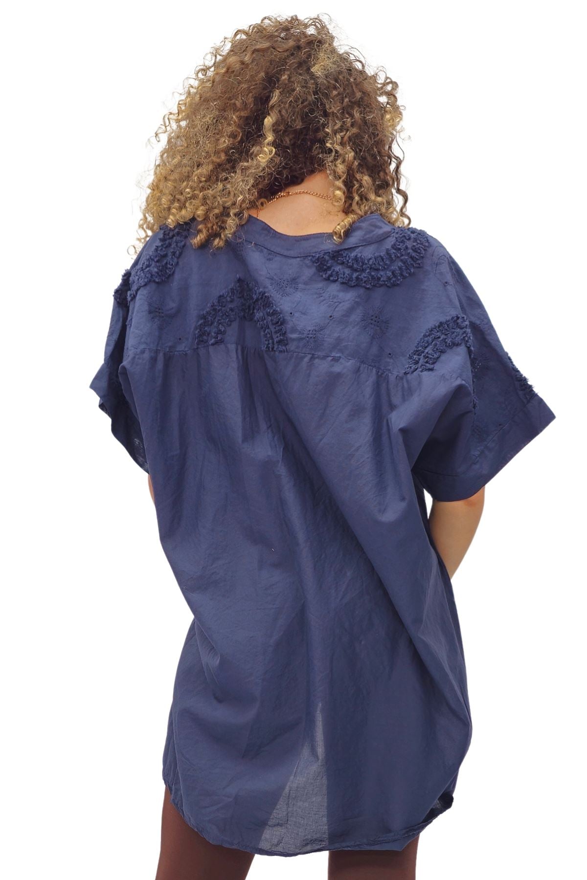 Plain Chest Pocket Lace Embroidered Detailing Cotton Top