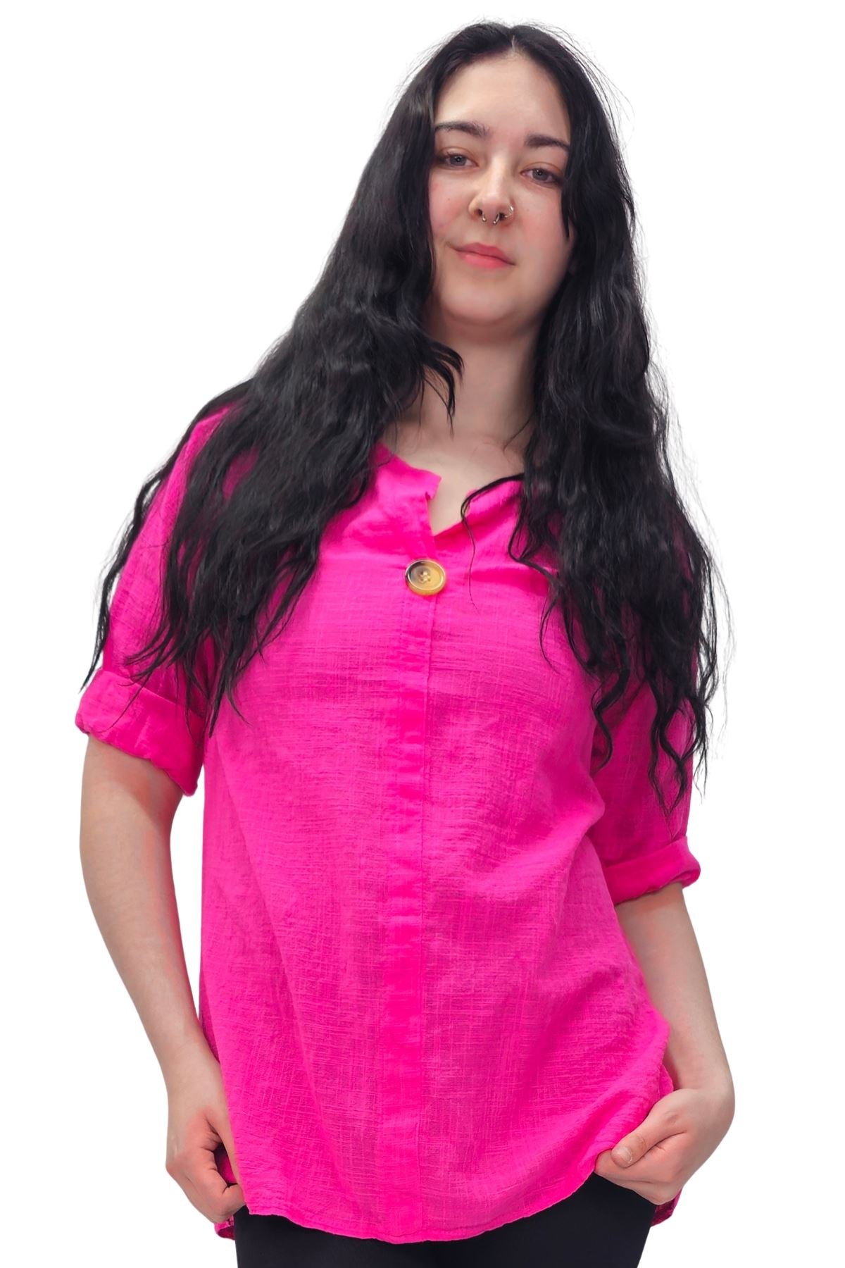 Plain A Single Button Closure Cotton Top