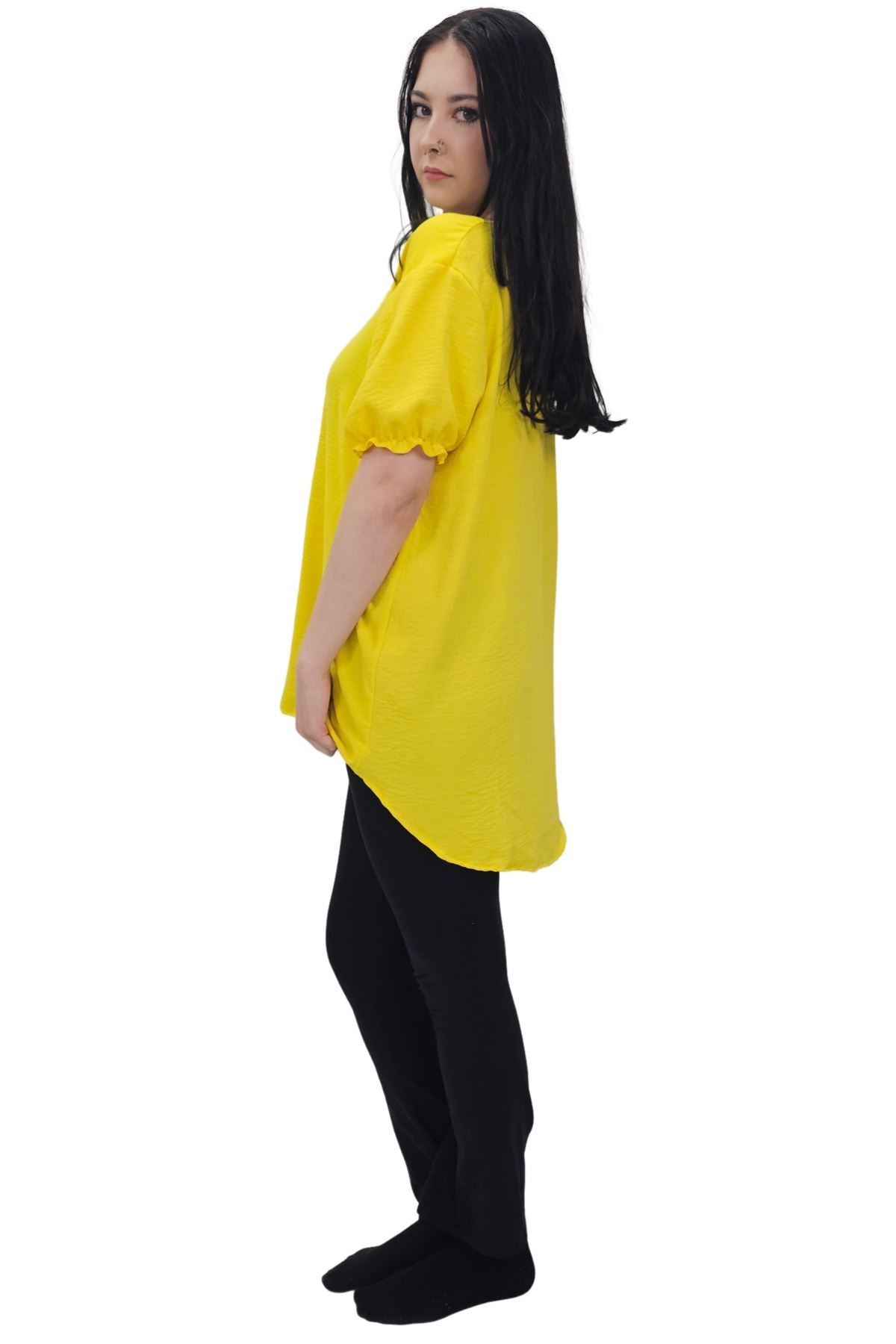 Plain Short Puff Sleeves Necklace Top