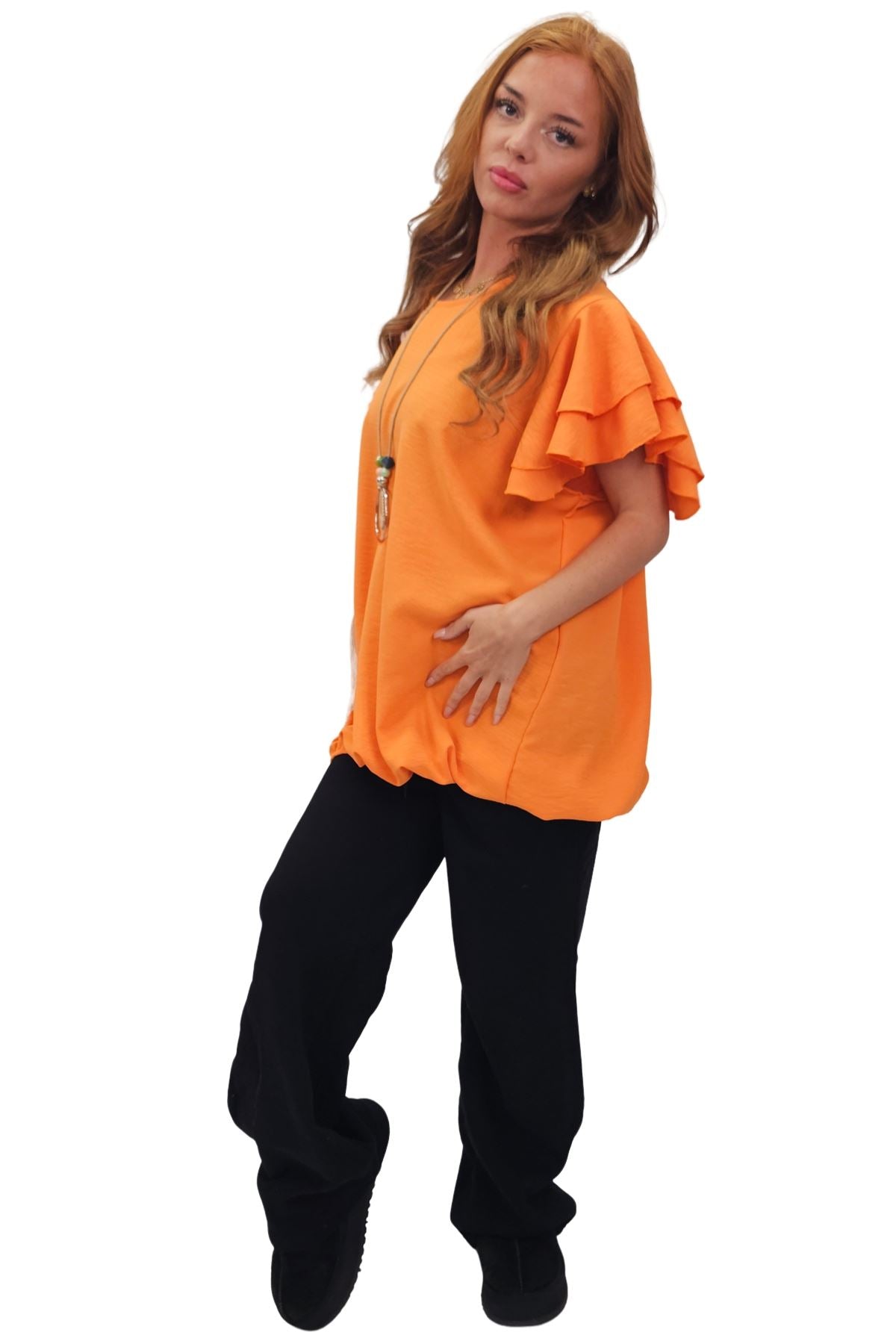 Plain Flutter Sleeves Elastic Hemline Top