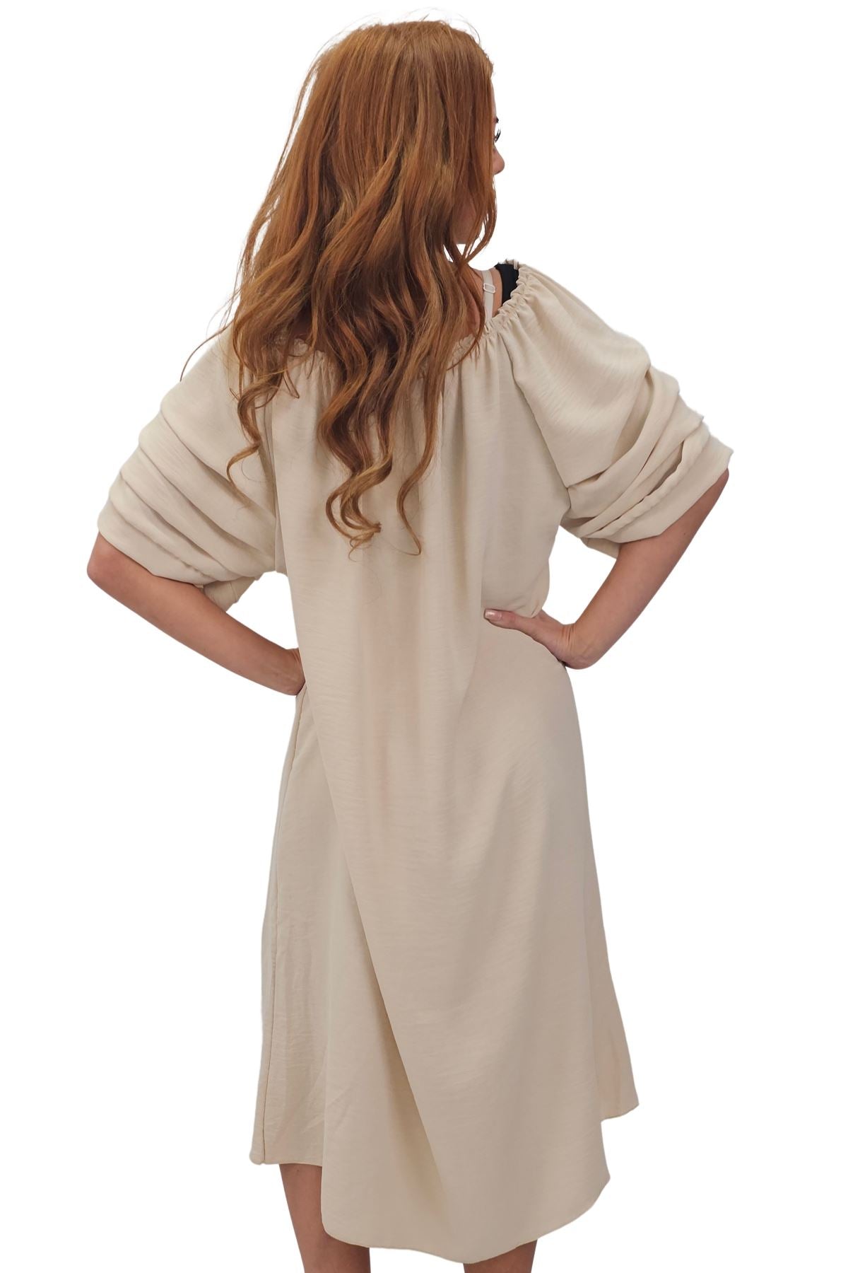 Plain Puff Sleeves Layered Detail Dress