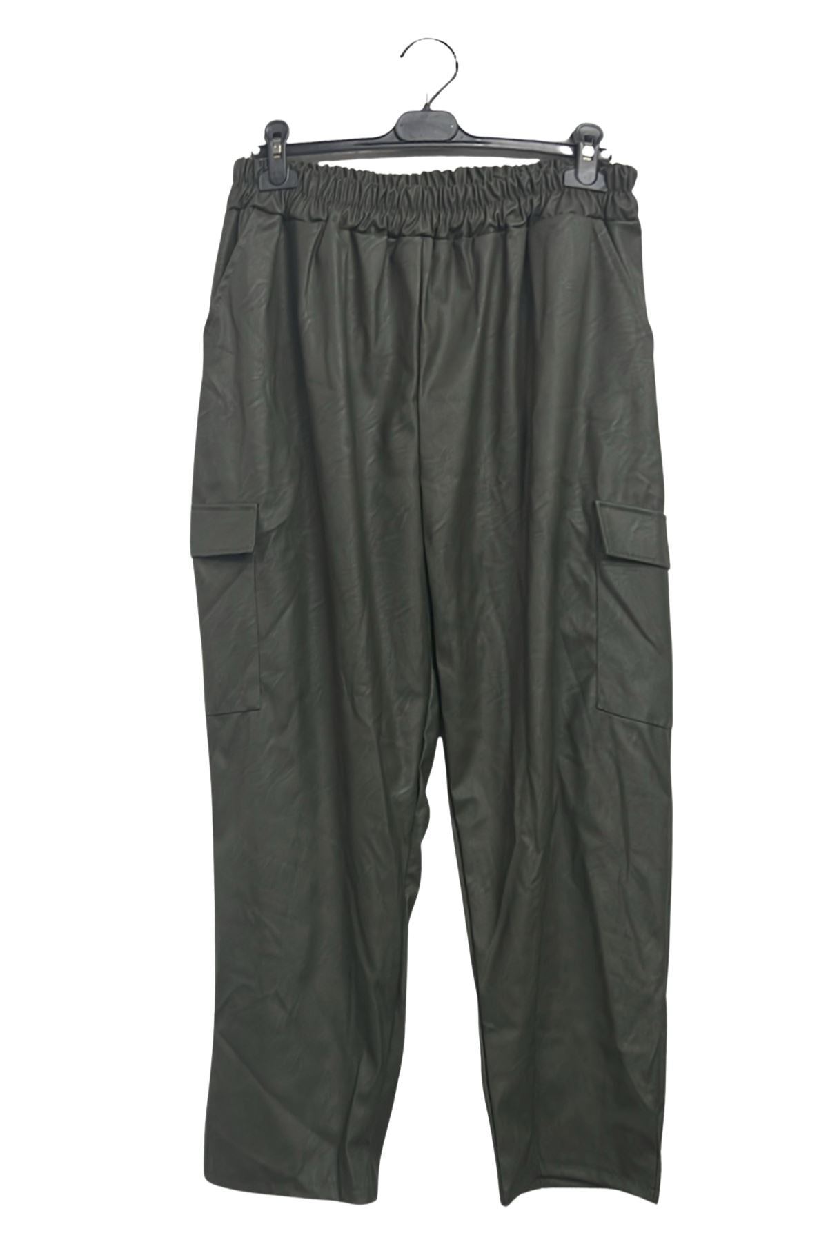 Plain Faux PU Leather Wide Leg Cargo Trousers