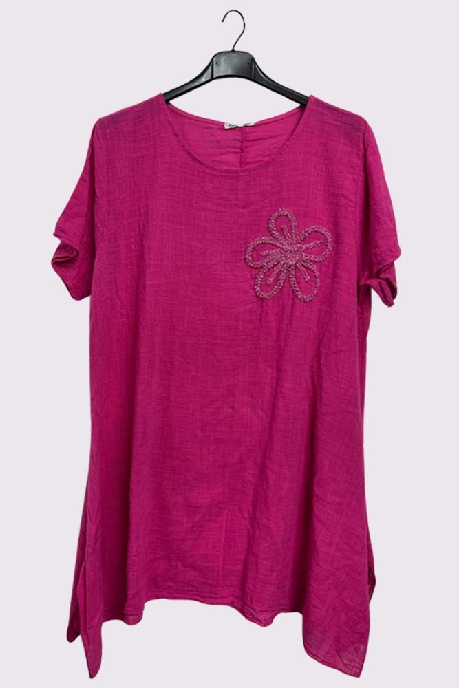 Embroidered Floral Side Slits Oversized Cotton Top