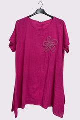 Embroidered Floral Side Slits Oversized Cotton Top