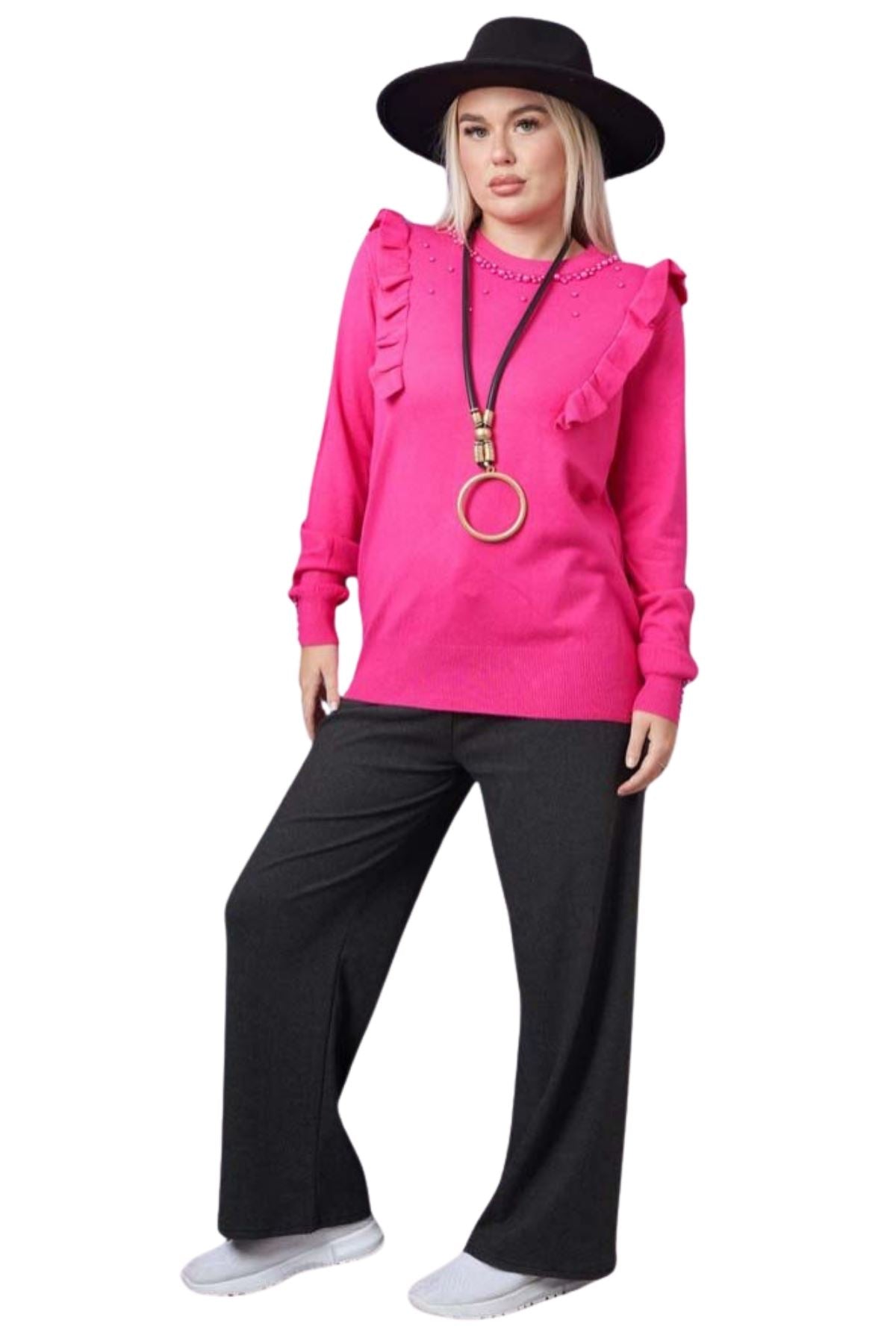 Pearls Side Chest Frill Ribbed Hem Soft Jumper