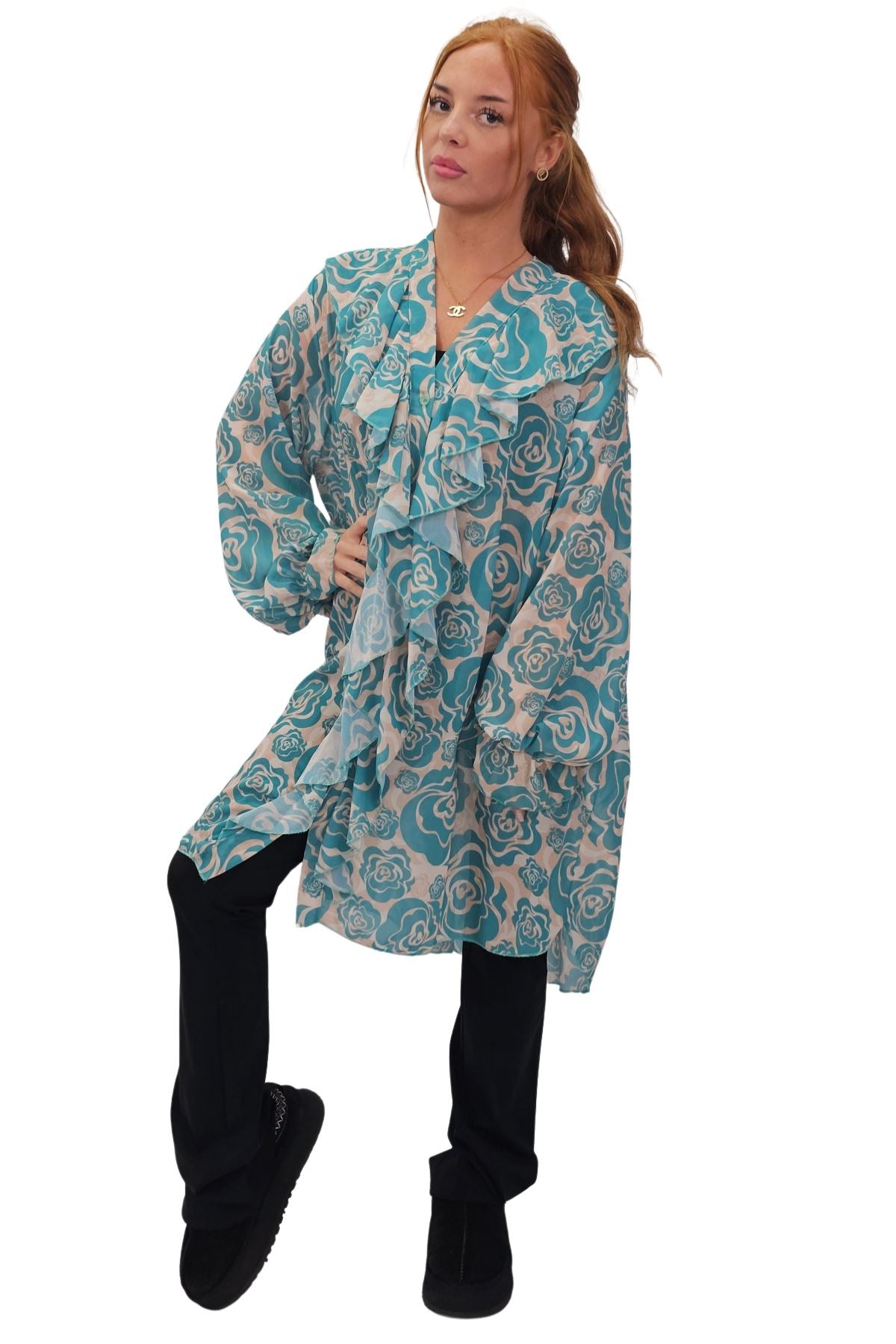 Floral Print Oversized Front Ruffle Top