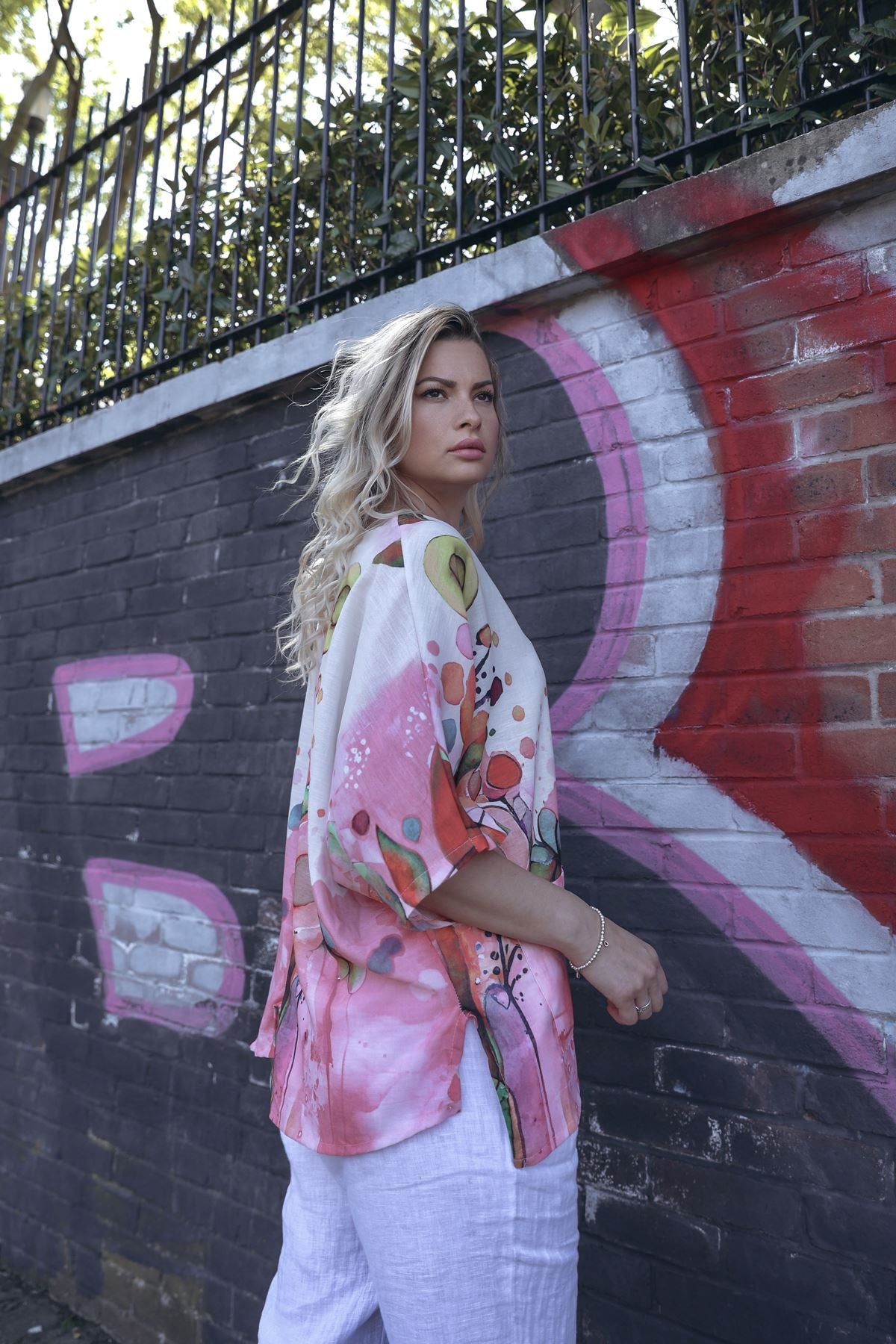Abstract Watercolour-Style Print Asymmetrical Hemline Cotton Top